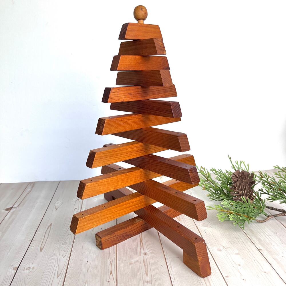 Vintage Handcrafted Scandinavian Style Wooden Slat Christmas Tree Folds Flat